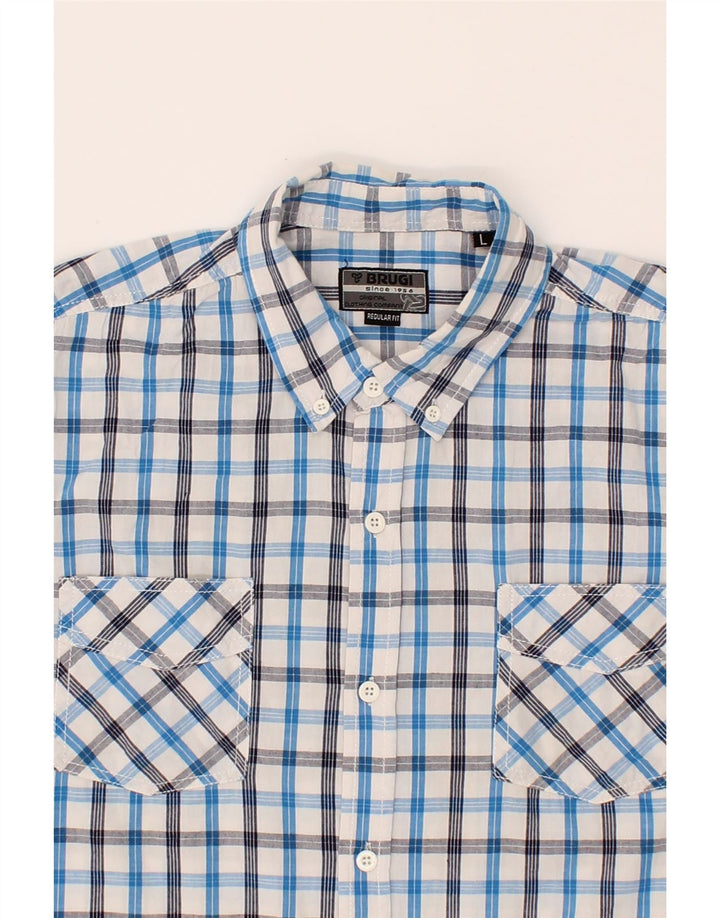 BRUGI Mens Regular Fit Short Sleeve Shirt Large Blue Check Cotton Vintage Brugi and Second-Hand Brugi from Messina Hembry 