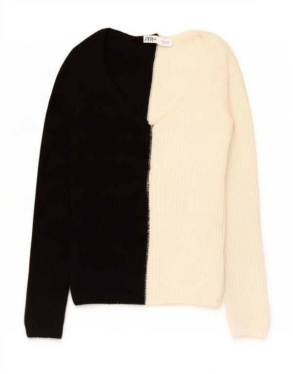 Pulover cu decolteu în V Zara pentru femei UK 12 Medium Black Colorblock Acrilic
