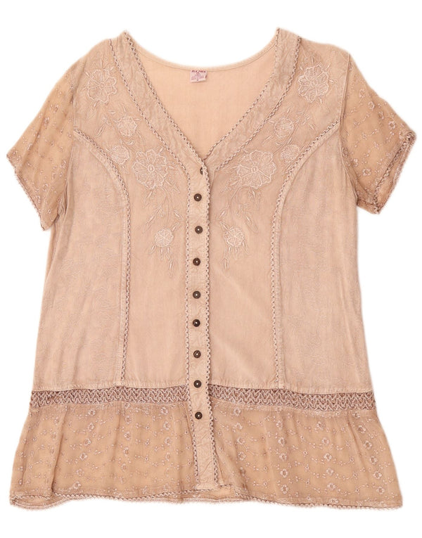 Bluză cămașă cu mânecă scurtă vintage pentru femei UK 14 Medium Bej Floral Viscose