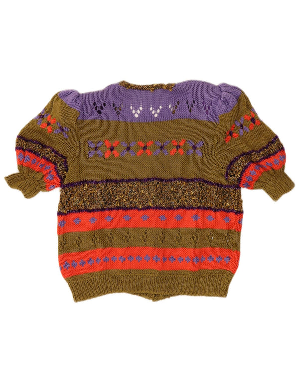 Cardigan vintage cu mânecă scurtă pentru femei UK 14 Medium Khaki Colorblock