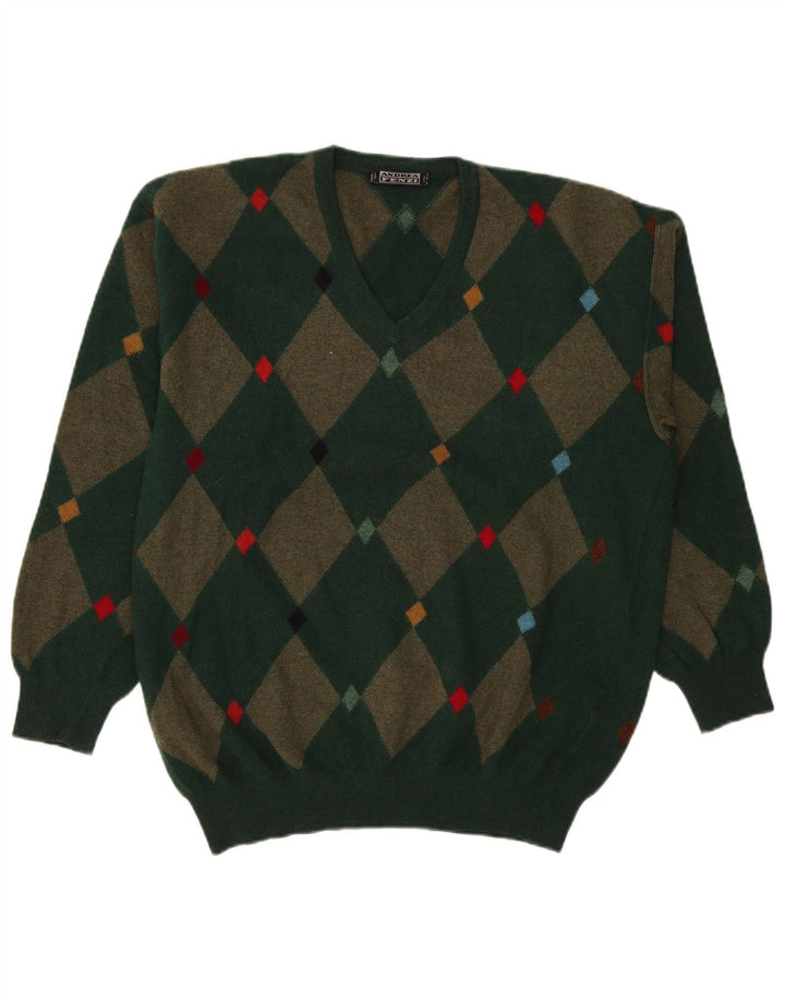 Andrea Fenzi Pulover cu decolteu în V pentru bărbați IT 50 Medium Green Argyle/Diamond