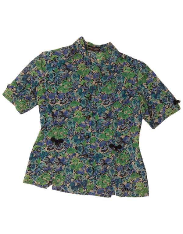 Bluză cămașă cu mânecă scurtă pentru femei vintage UK 14, mare, verde, acetat floral