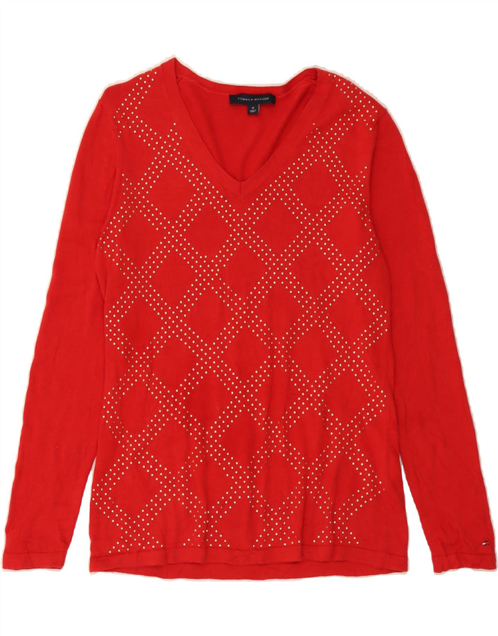 TOMMY HILFIGER Womens V-Neck Jumper Sweater UK 14 Medium Red Vintage Tommy Hilfiger and Second-Hand Tommy Hilfiger from Messina Hembry 