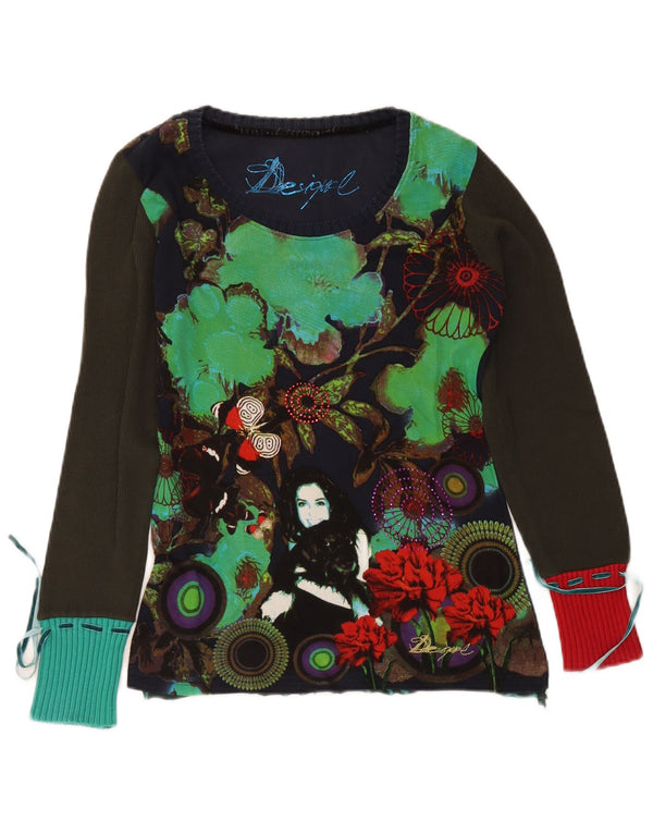 Desigual Top grafic pentru femei cu mânecă lungă UK 14 mare, bleumarin, floral