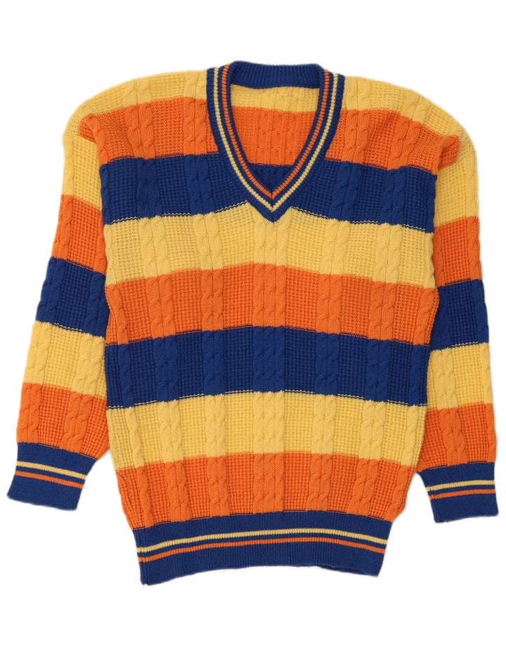 Pulover vintage pentru bărbați cu decolteu în V, în dungi medii, multicolore