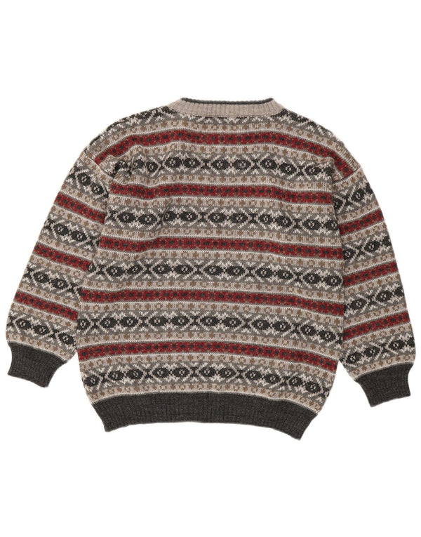 Pulover vintage pentru femei cu gât roșu, UK 16, mare, gri Fair Isle