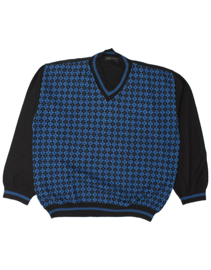 Pulover pentru bărbați Islanda cu decolteu în V, XL, albastru, lână Argyle/Diamond