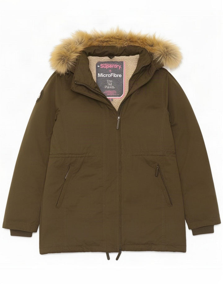 Superdry Womens Hooded Parka Jacket UK 16 Large Kaki Polyester