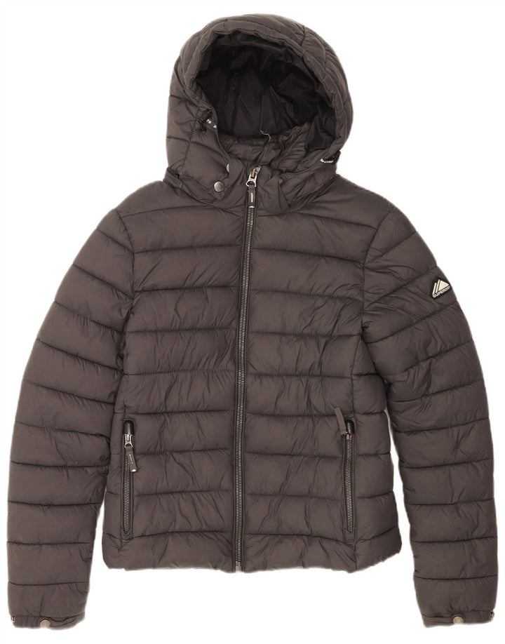 Jachetă căptușită cu glugă Superdry pentru femei UK 10 Small Gri Nylon