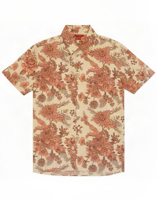 Guess Mens Hawaiian Short Sleeve Shirt Small Beige Floral Cotton