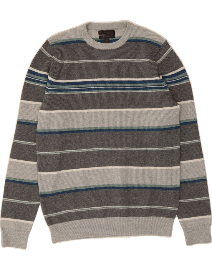 MARKS & SPENCER Mens Crew Neck Jumper Sweater Medium Grey Striped Cotton Vintage Marks & Spencer and Second-Hand Marks & Spencer from Messina Hembry 