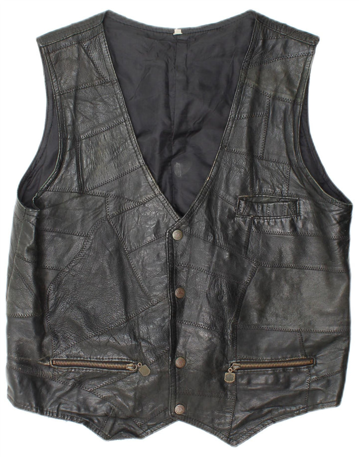 VINTAGE Mens Leather Waistcoat Medium Black Patchwork