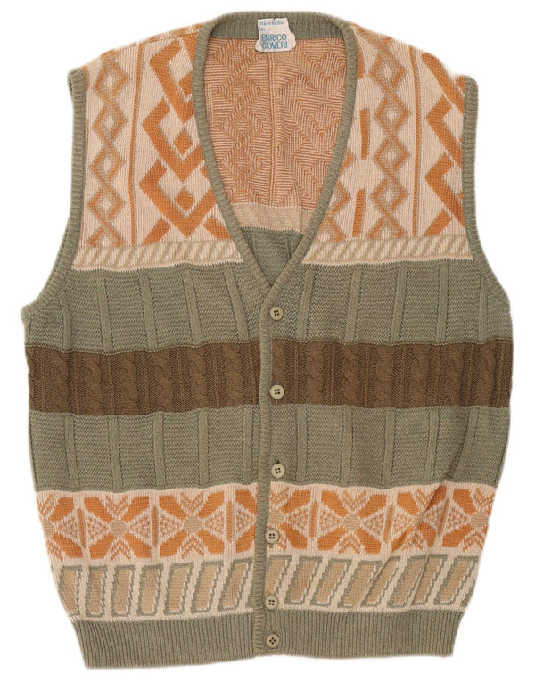 Enrico Coveri Pulover Cardigan fără mâneci pentru bărbați, verde mediu, geometric