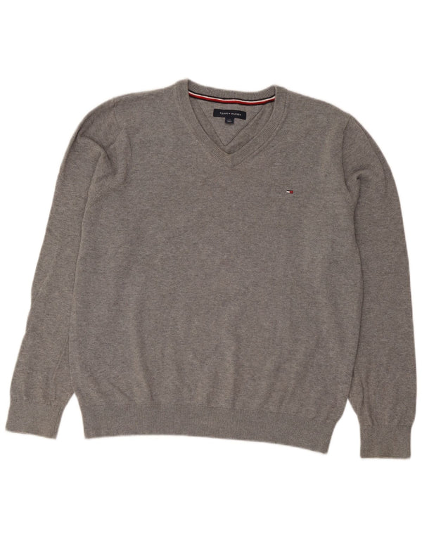 Pulover pentru bărbați Tommy Hilfiger, cu decolteu în V, mare, gri bumbac cu pete