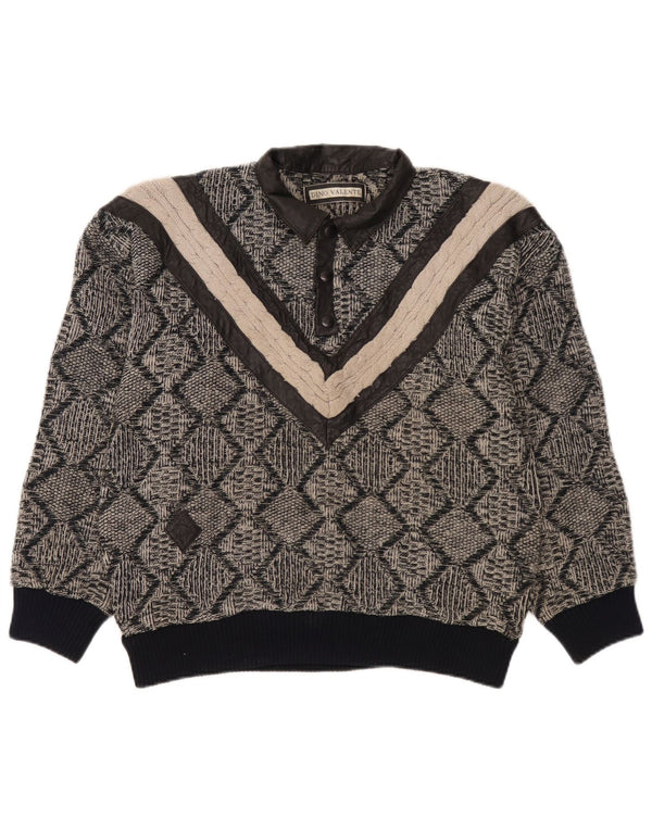 Pulover vintage pentru bărbați cu gât polo, mic, gri geometric, acrilic