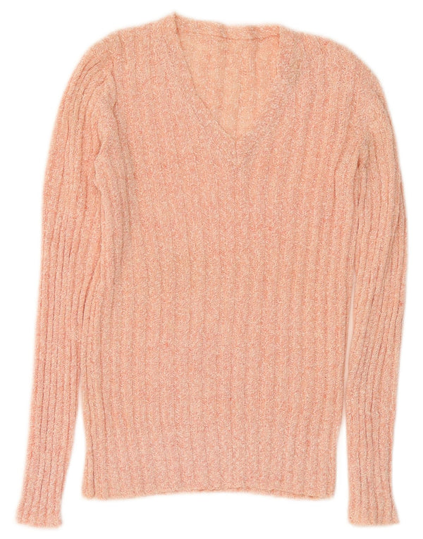 Pulover vintage pentru femei cu decolteu în V UK 12 Medium Pink Flecked