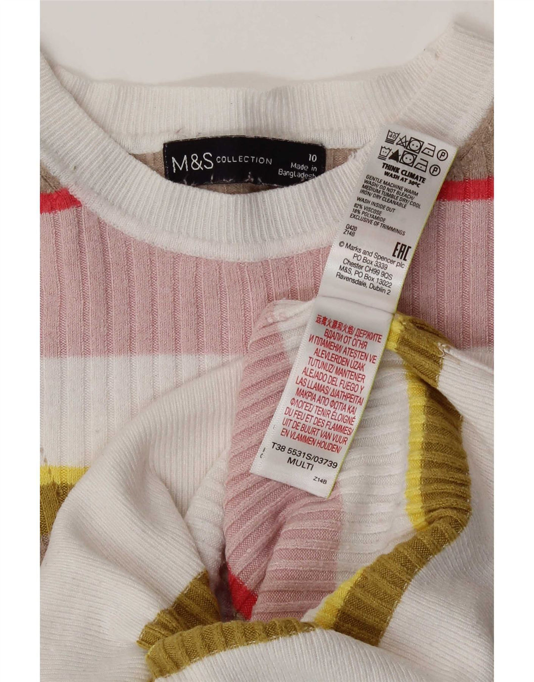 Tricou Crop pentru femei Marks & Spencer, Marea Britanie 10, cu dungi mici, multicolore