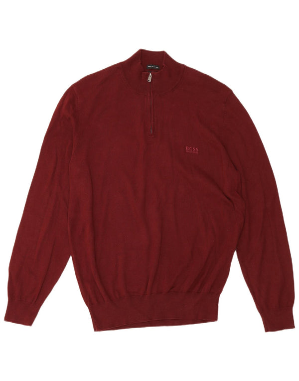 Pulover pentru bărbați Hugo Boss, cu fermoar, cu gât, din bumbac mare burgundy