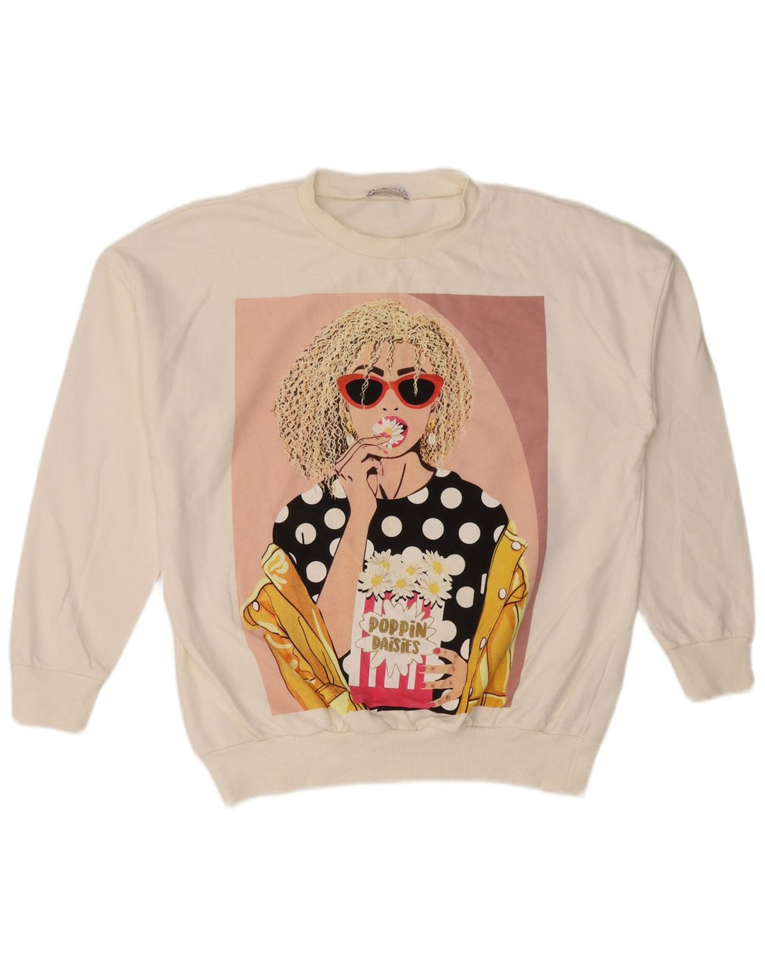 Pulover supradimensionat cu grafic pentru femei Zara UK 10 Bumbac alb mic