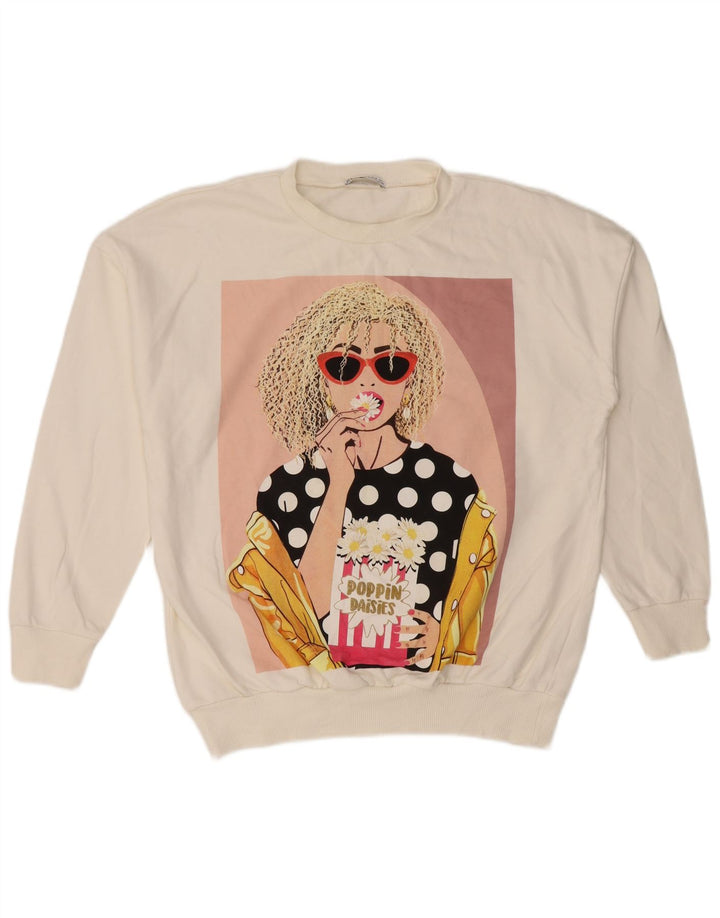 Pulover supradimensionat cu grafic pentru femei Zara UK 10 Bumbac alb mic