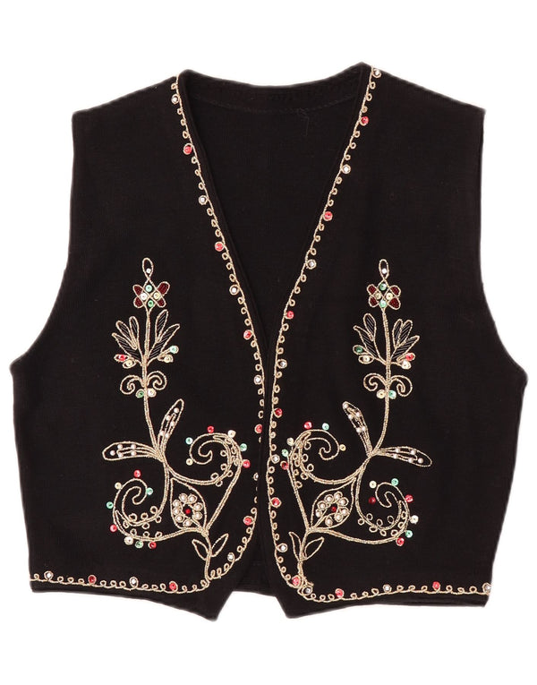 Vestă vintage pentru femei din tricot UK 14 mare, neagră, lână florală