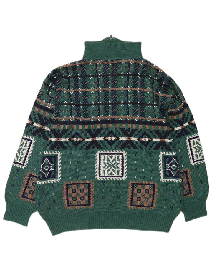 Pulover vintage pentru bărbați, cu fermoar, cu gât, mare, verde, geometric, poliacrilic