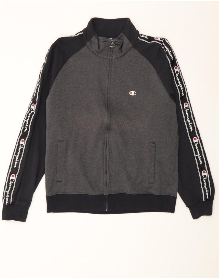 CHAMPION Mens Graphic Tracksuit Top Jacket Large Grey Colourblock Vintage Champion and Second-Hand Champion from Messina Hembry 
