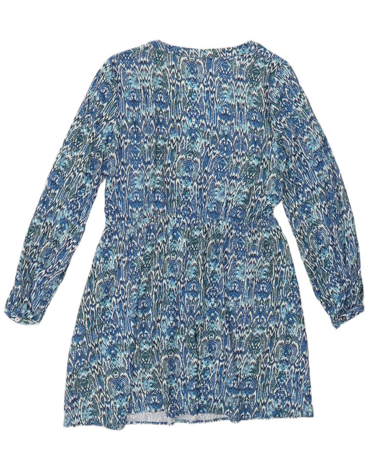 ZARA Rochie A-Line cu mânecă lungă pentru femei UK 10 Small Blue Ikat Viscose