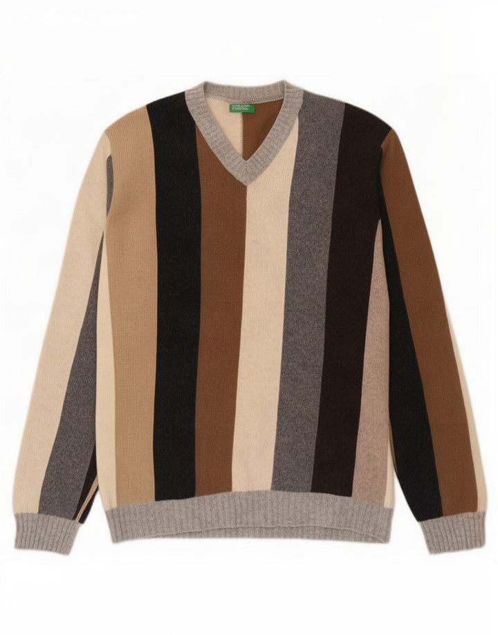 Pulover cu decolteu în V Benetton pentru bărbați, cu dungi mari, multicolore