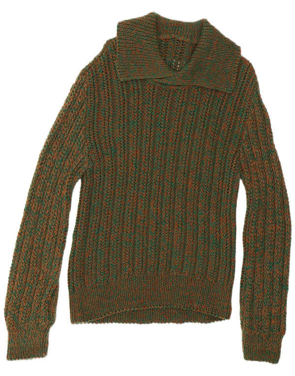 Pulover vintage pentru bărbați cu gât polo, verde mediu cu pete