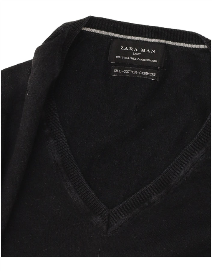 Pulover pentru bărbați Zara, cu decolteu în V, mare, negru, bumbac