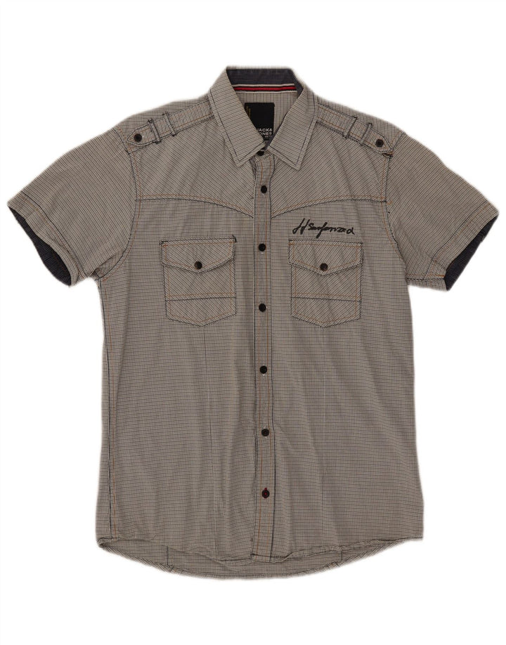 Cămașă cu mânecă scurtă cu grafic militar Jack & Jones pentru bărbați, gri mediu, carouri