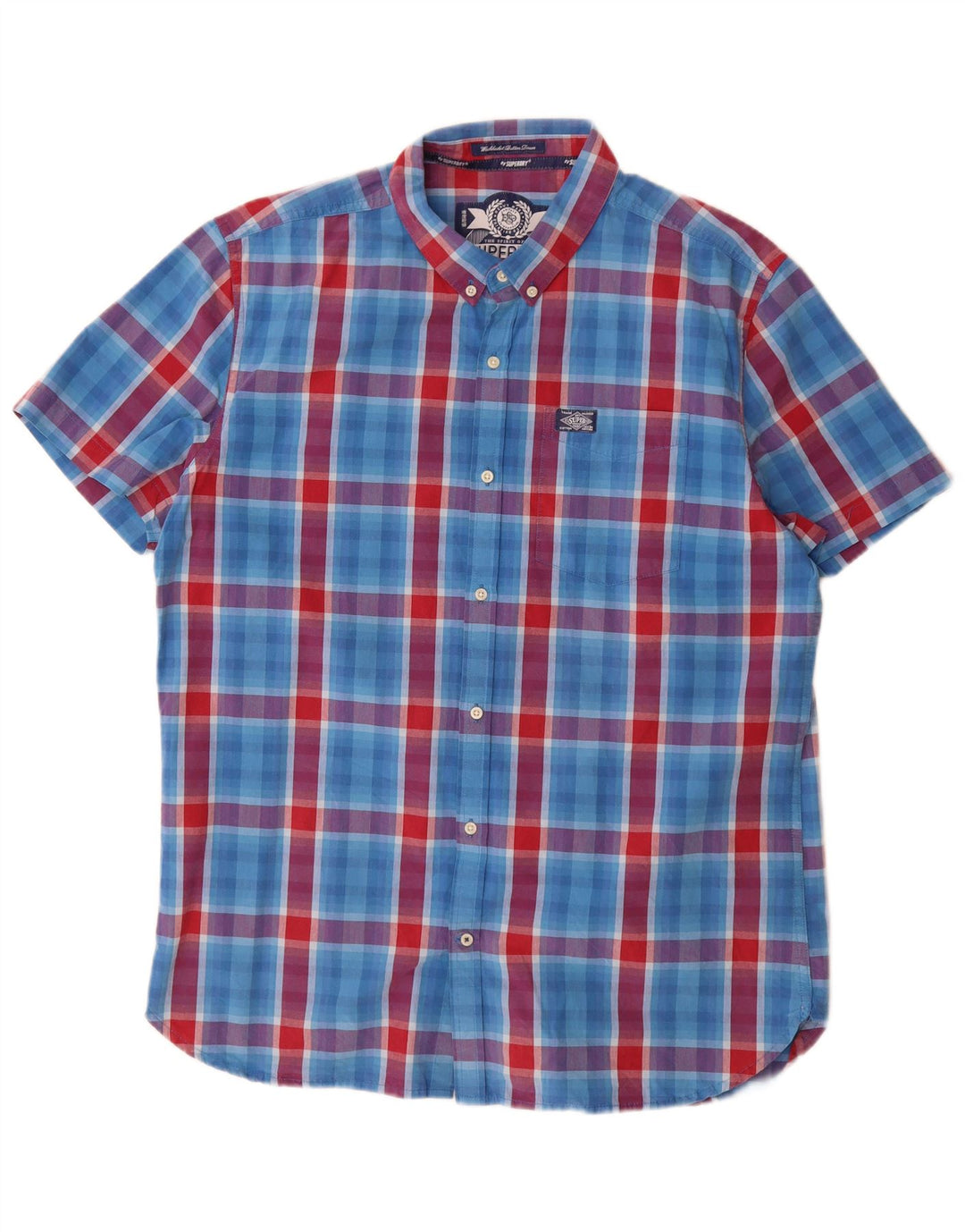 Cămașă cu mânecă scurtă pentru bărbați Superdry 2XL, bumbac cu carouri albastre