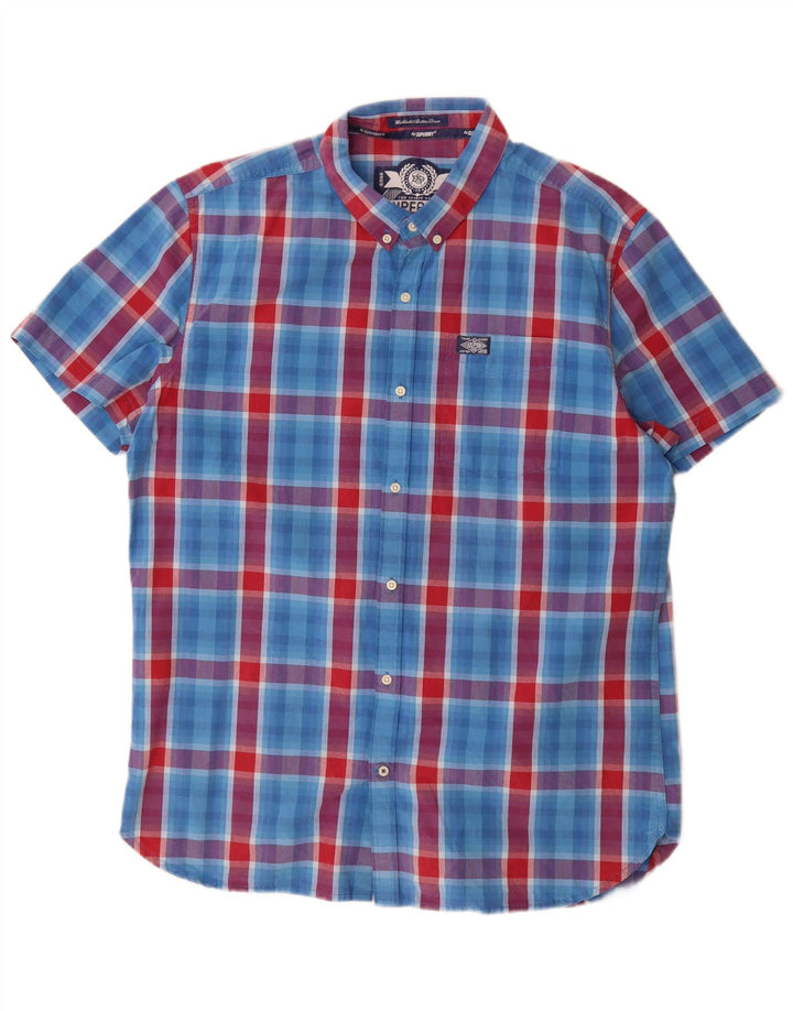 Cămașă cu mânecă scurtă pentru bărbați Superdry 2XL, bumbac cu carouri albastre