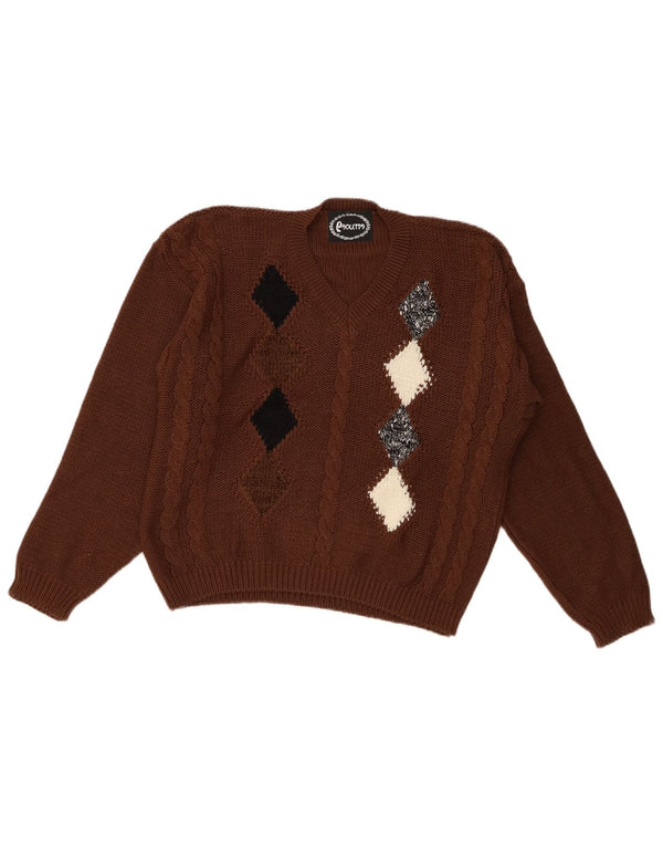 Pulover vintage pentru femei cu decolteu în V UK 12 Medium Brown Argyle/Diamond