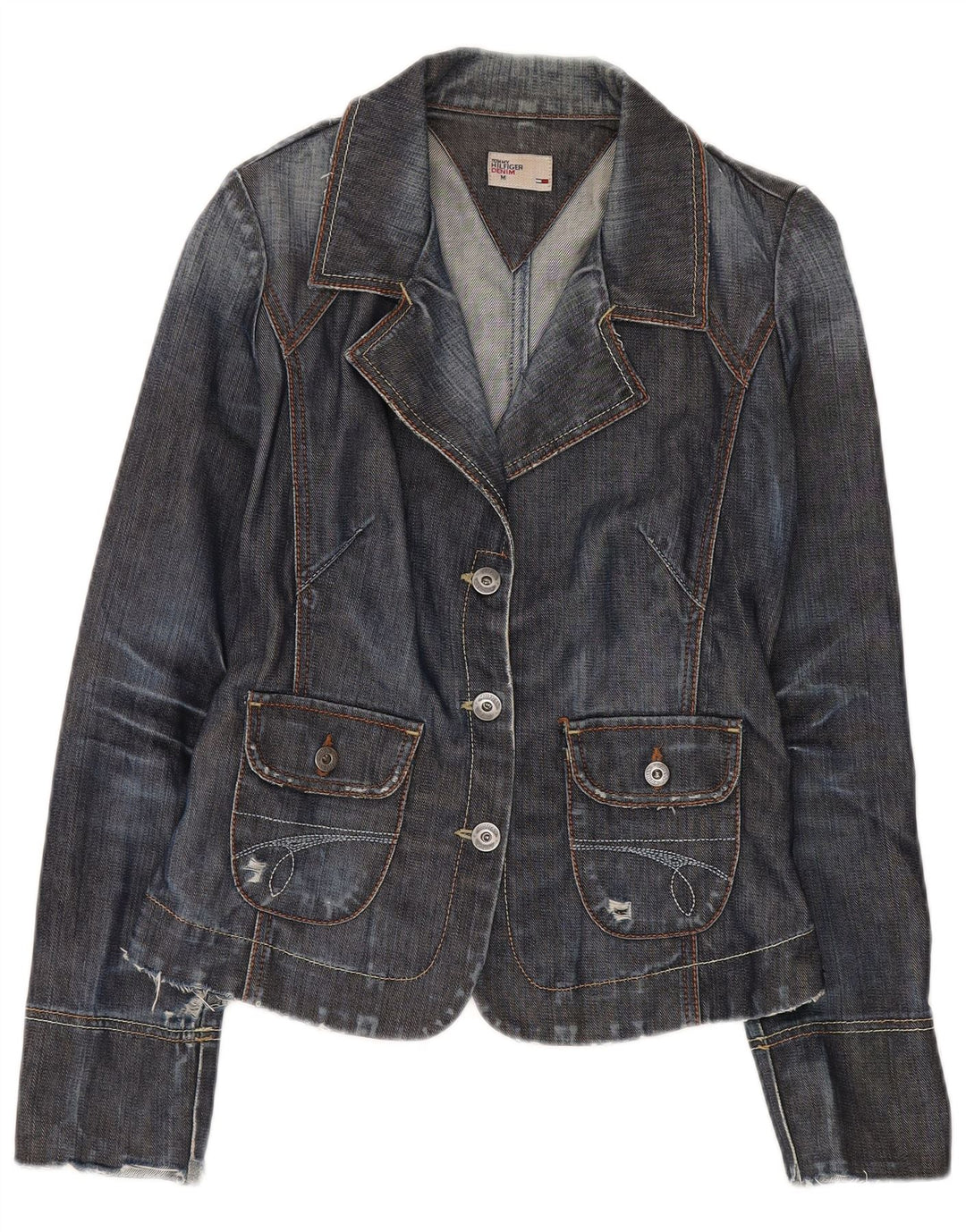 Jachetă Tommy Hilfiger pentru femei, din denim, cu 3 nasturi, UK 12 Medium Bleumarin
