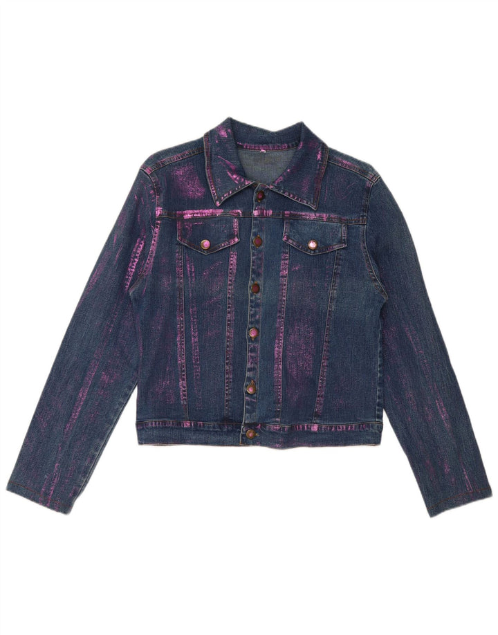 Jachetă de denim crop vintage pentru femei UK 12, bumbac cu vopsea cravată albastră medie