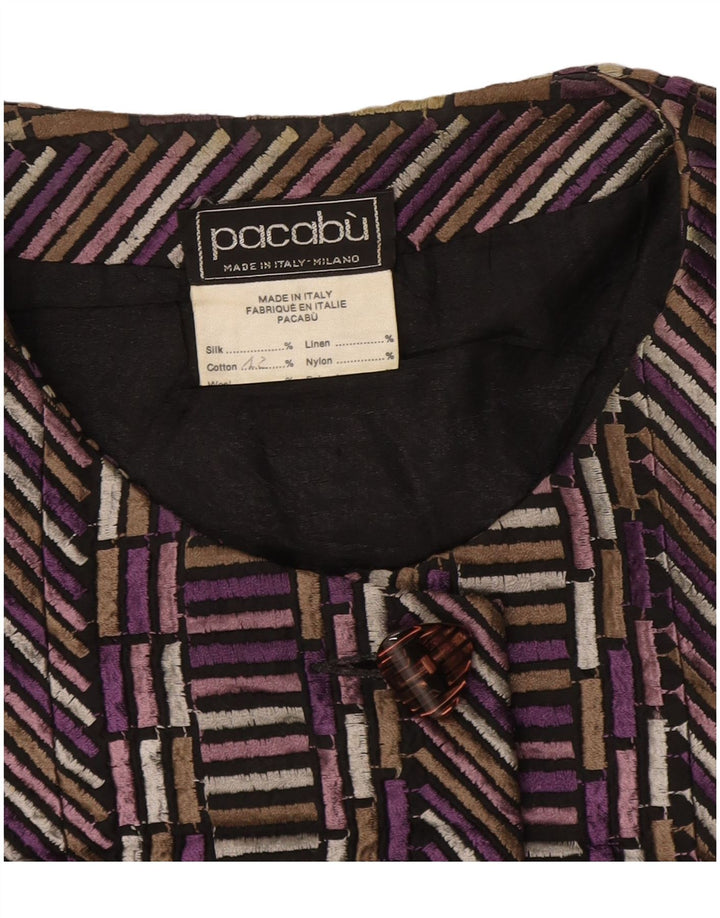 Jachetă vintage pentru femei cu 4 nasturi, UK 14, mătase geometrică violet mediu