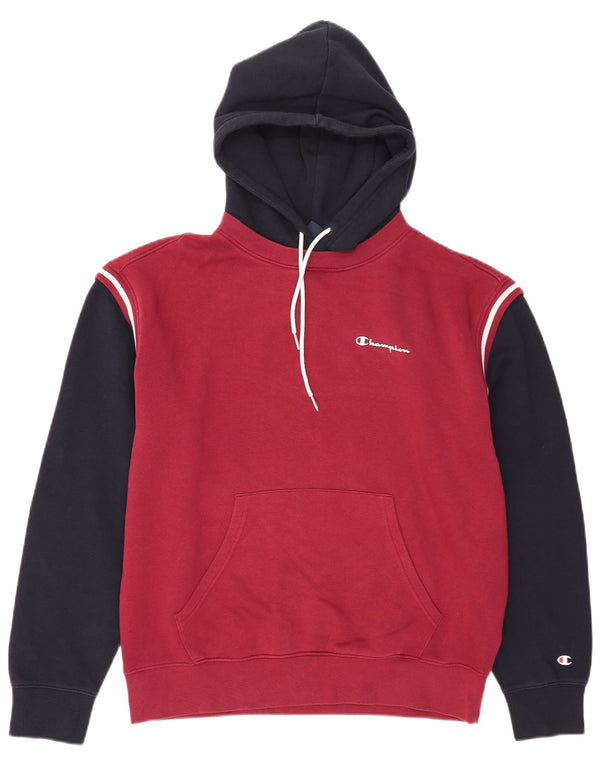 Champion Mens Hoodie Jumper Large Burgundy Colourblock Cotton