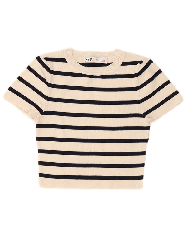 Tricou Crop pentru femei Zara UK 8 Small din viscoză cu dungi alb