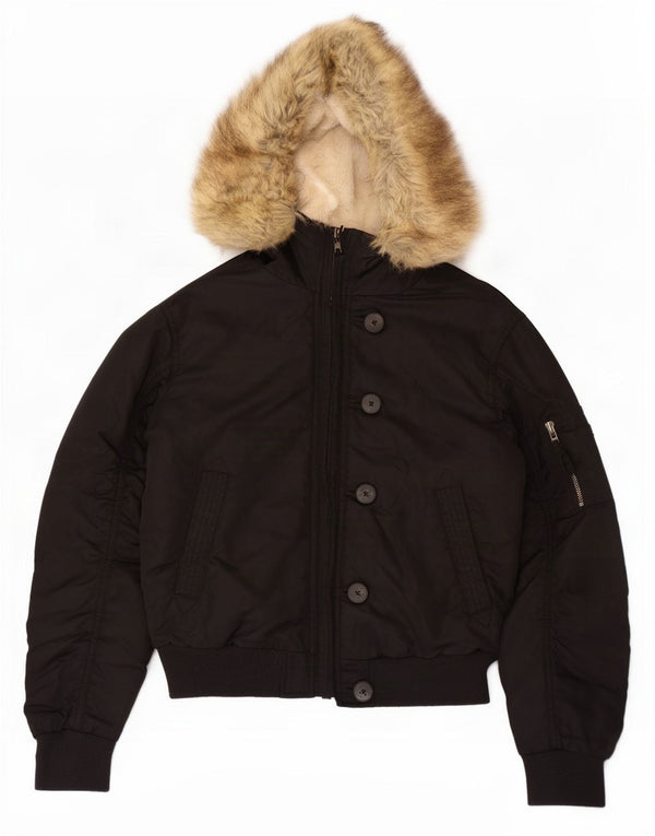 Jack Wills Jachetă Sherpa supradimensionată cu glugă pentru femei UK 6 XS Poliester negru