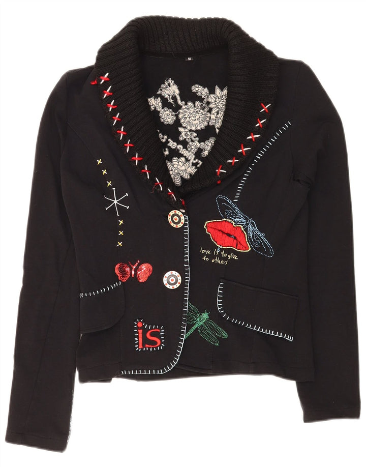 Jachetă vintage pentru femei cu 2 nasturi cu grafică pentru femei UK 12 Medium Black Floral