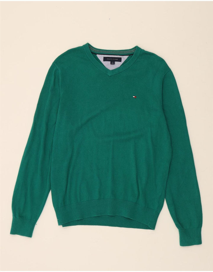 TOMMY HILFIGER Mens V-Neck Jumper Sweater Medium Green Cotton Vintage Tommy Hilfiger and Second-Hand Tommy Hilfiger from Messina Hembry 