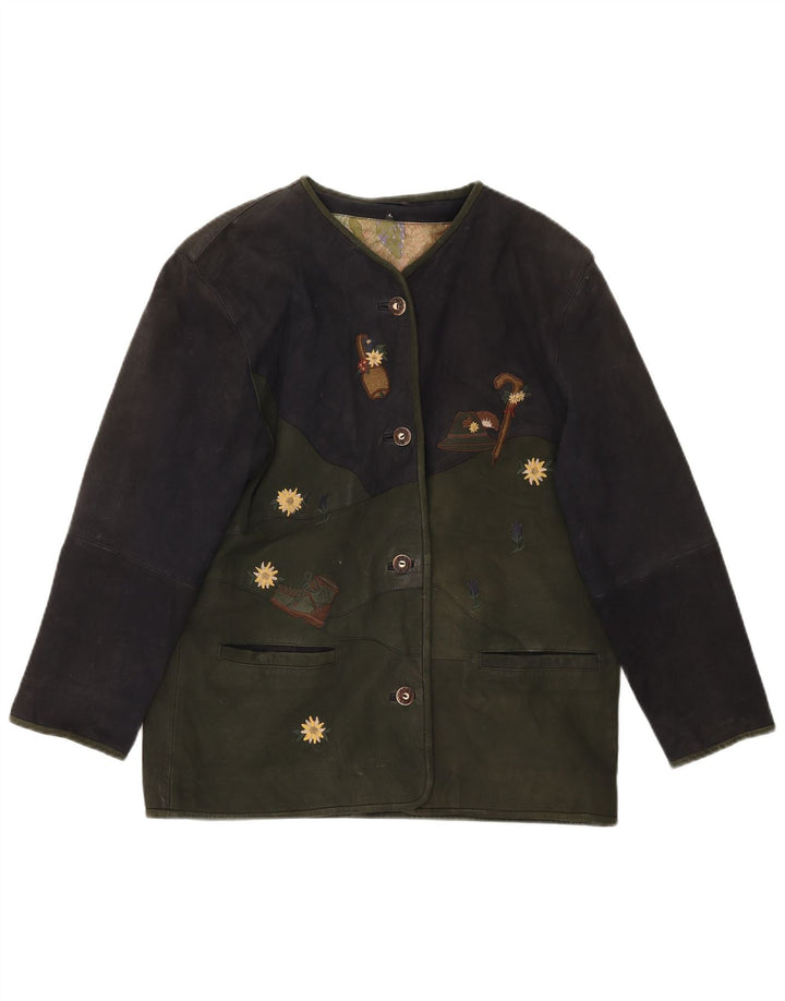 Jachetă din piele vintage pentru femei cu grafică EU 42 din piele mare, verde, color bloc