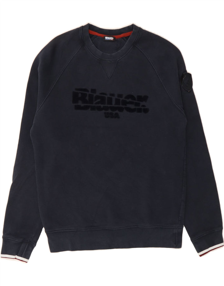 BLAUER Mens Graphic Sweatshirt Jumper XL Navy Blue Cotton Vintage Blauer and Second-Hand Blauer from Messina Hembry 