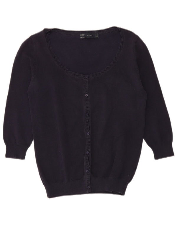 Pulover cardigan pentru femeie Zara cu mâneci 3/4 UK 14 mare bumbac bleumarin