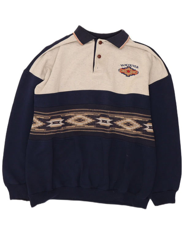 Hanorac vintage pentru bărbați cu gât polo Pulover XL bleumarin poliester color bloc