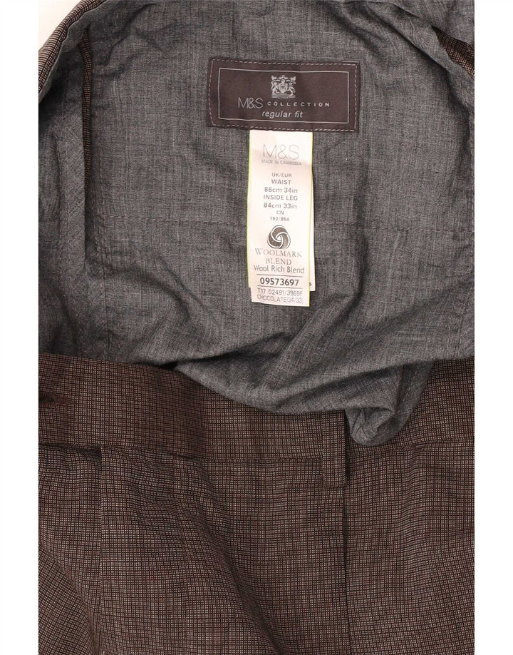 Pantaloni de costum pentru bărbați Marks & Spencer, cu tăiere obișnuită, L34 L33, maro, carouri