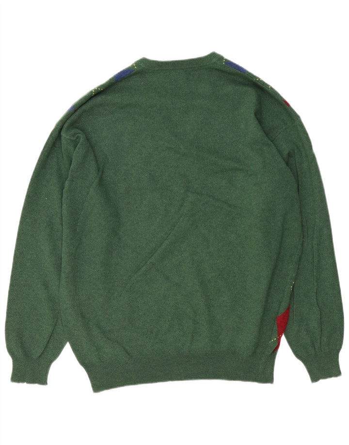 Pulover cu decolteu în V BENETTON pentru bărbați, verde mediu, lână Argyle/Diamond