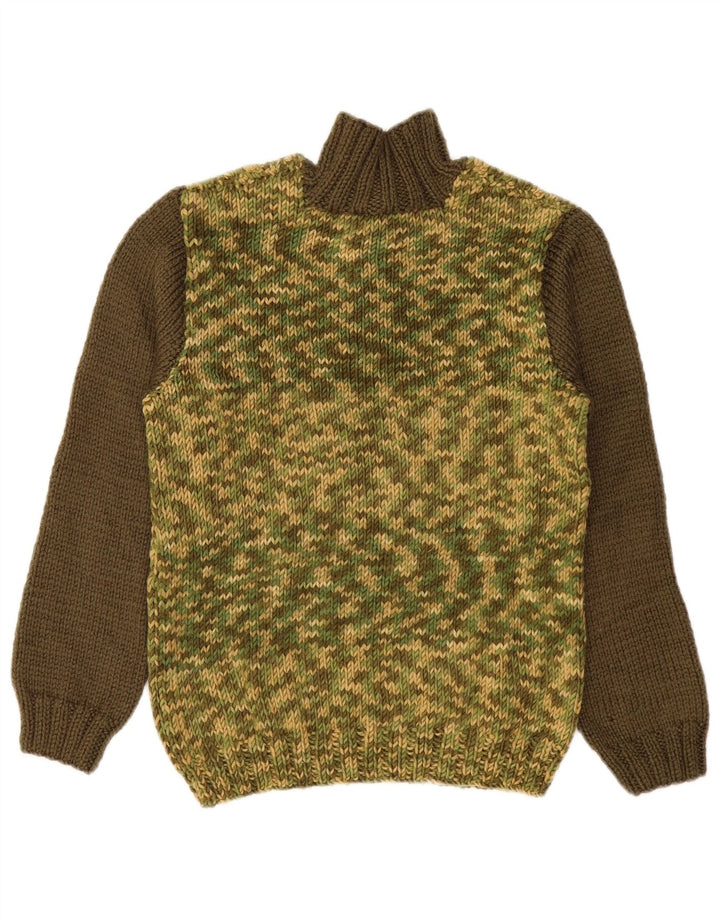 Pulover vintage pentru femei cu gât cu nasturi UK 14 Medium Khaki Colorblock